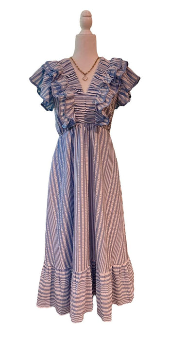 Seersucker V-Neck Ruffle Dress