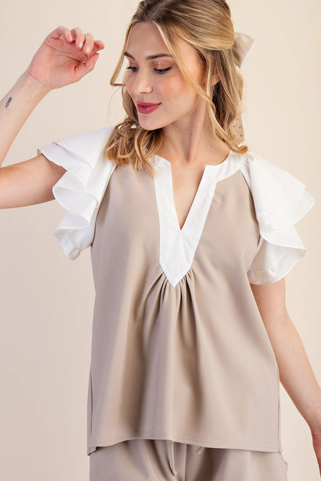 V-Neck Contrast Ruffle Sleeve Top