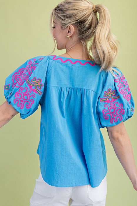 The Aria Embroidered Puff Sleeve Top