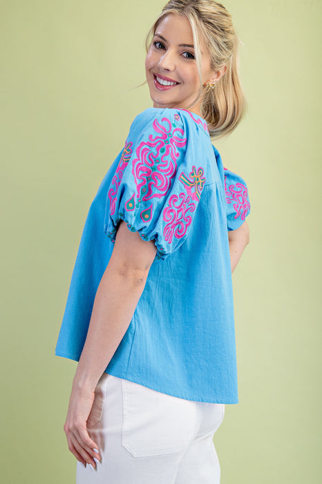 The Aria Embroidered Puff Sleeve Top