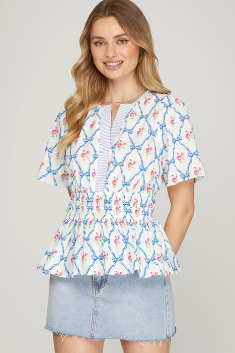 Bow Print Smocked Waist Top