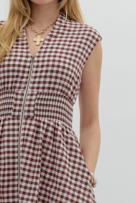 Gingham Zip-Front Midi Dress
