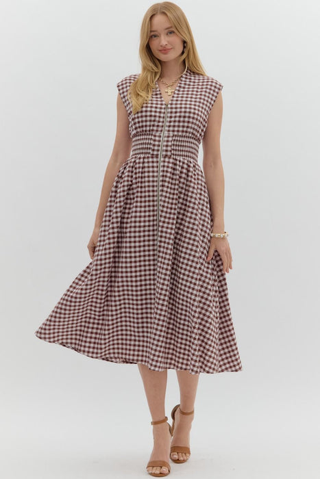 Gingham Zip-Front Midi Dress