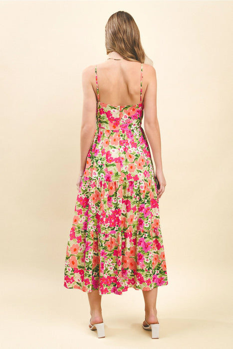 Braid Trim Floral Print Midi