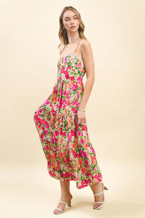 Braid Trim Floral Print Midi