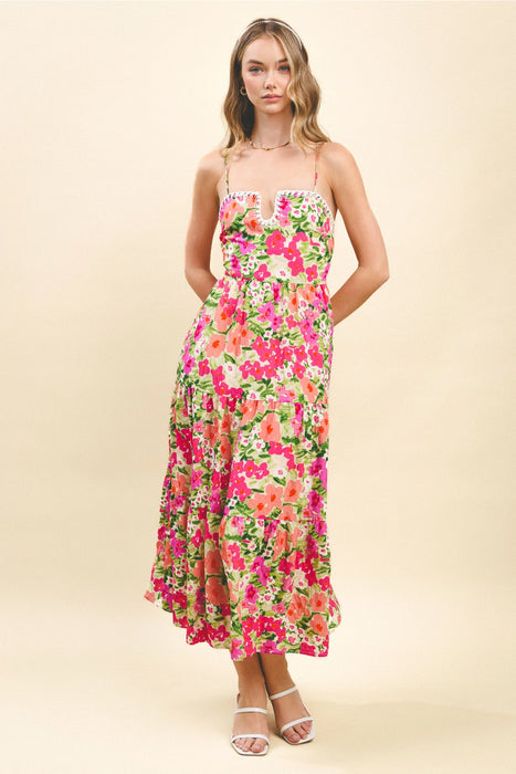 Braid Trim Floral Print Midi