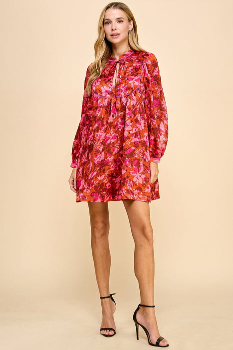 The Kelsie Floral Print Tie Neck Dress