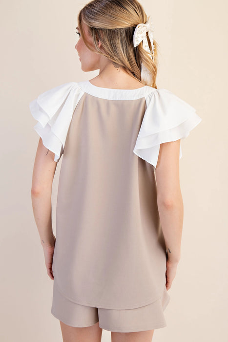 V-Neck Contrast Ruffle Sleeve Top