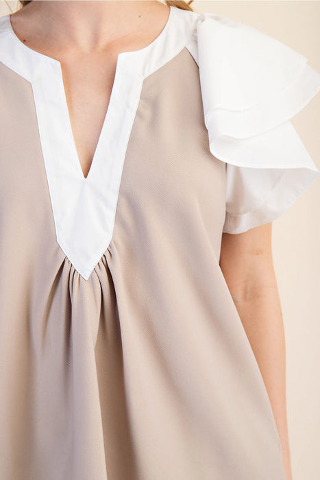 V-Neck Contrast Ruffle Sleeve Top